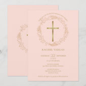 Invitation Première Sainte Communion Rose Pâle Croix Dorée Fl (Devant / Derrière)