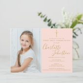 Invitation Première Sainte Communion Rose Pâle Or Écriture Ph (Debout devant)