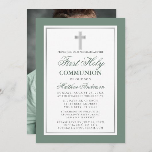 Invitation Première Sainte Communion Sage Green Silver Photo (Devant / Derrière)