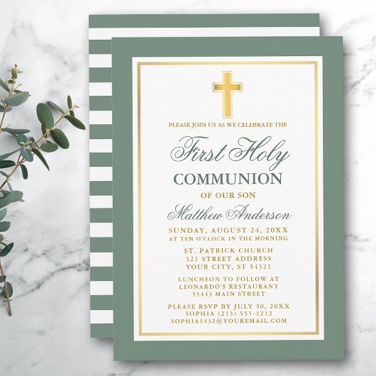 Invitation Première Sainte Communion Sage Green Stripes Or