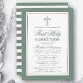 Invitation Première Sainte Communion Sage Vert Argent rayé