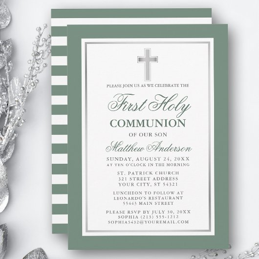 Invitation Première Sainte Communion Sage Vert Argent rayé