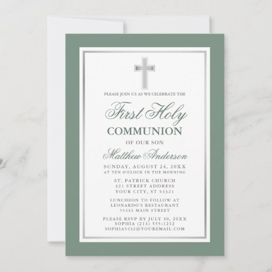 Invitation Première Sainte Communion Sage Vert Argent rayé (Devant)