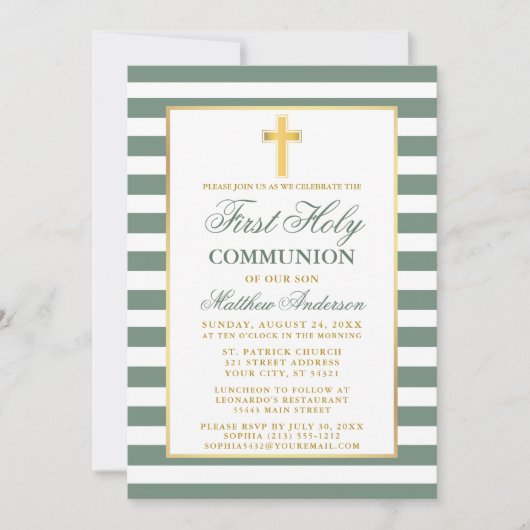 Invitation Première Sainte Communion Sage Vert Gratté Or (Devant)