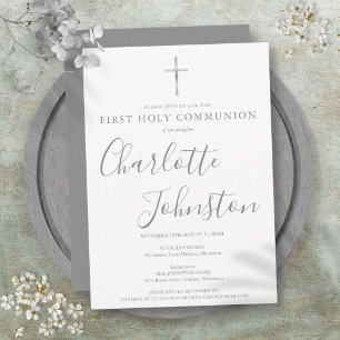 Invitation Première Sainte Communion Signature Argent Moderne