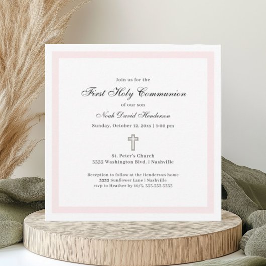 Invitation Première Sainte Communion Simple Rose Blanc