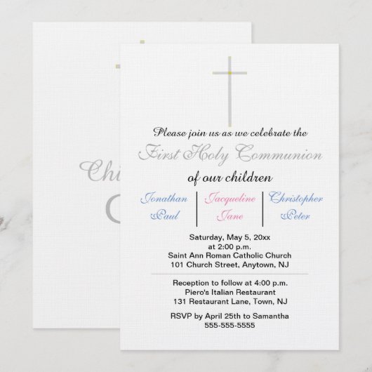 Invitation Première Sainte Communion Triplés Bleu Rose (Devant / Derrière)