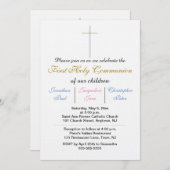 Invitation Première Sainte Communion Triplés Or bleu rose (Devant / Derrière)