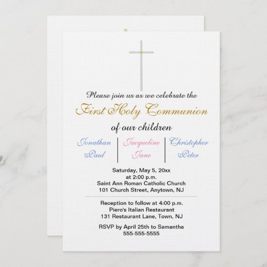 Invitation Première Sainte Communion Triplés Or bleu rose (Devant / Derrière)
