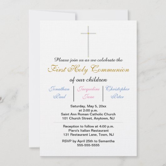 Invitation Première Sainte Communion Triplés Or bleu rose (Devant)