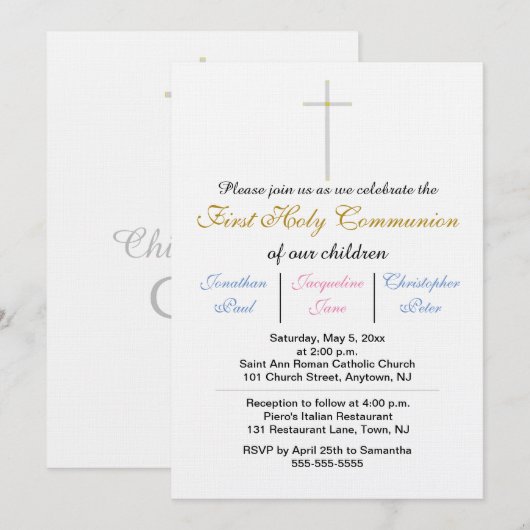 Invitation Première Sainte Communion Triplés Rose Bleu Or (Devant / Derrière)