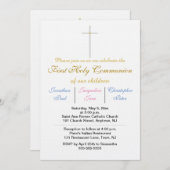 Invitation Première Sainte Communion Triplets Or bleu rose (Devant / Derrière)
