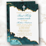 Invitation Première Sainte Communion Turquoise Géode Marbre O<br><div class="desc">Aquarelle moderne élégante Turquoise et or Marbre Agate Géode Première Sainte Communion Invitation</div>