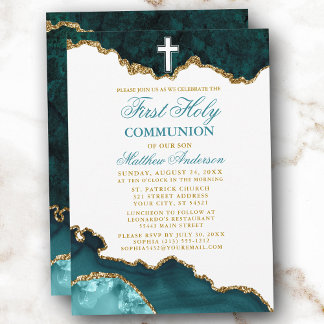 Invitation Première Sainte Communion Turquoise Géode Marbre O