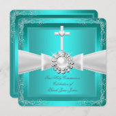 Invitation Première Sainte Communion Turquoise White Silver G (Devant / Derrière)