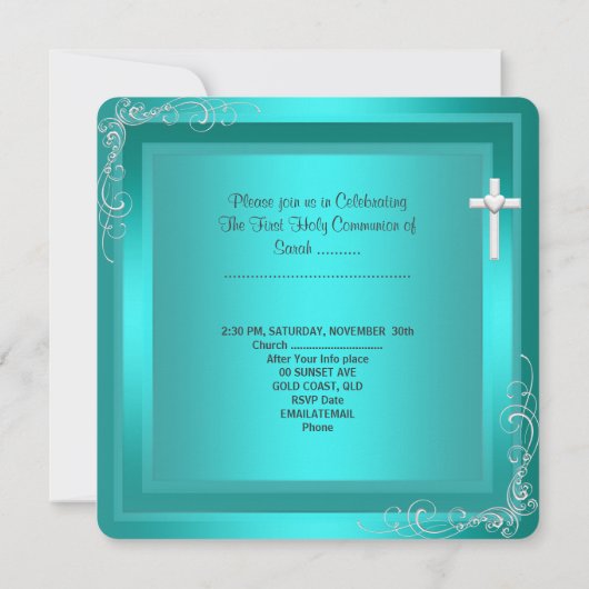 Invitation Première Sainte Communion Turquoise White Silver G (Dos)