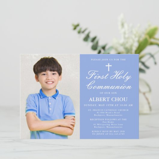 Invitation Première Sainte Communion Un Photo Boy Bleu Blanc (Debout devant)