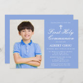 Invitation Première Sainte Communion Un Photo Boy Bleu Blanc (Devant / Derrière)
