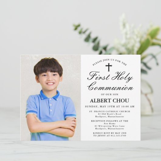 Invitation Première Sainte Communion Un Photo Élégant Garçon (Debout devant)