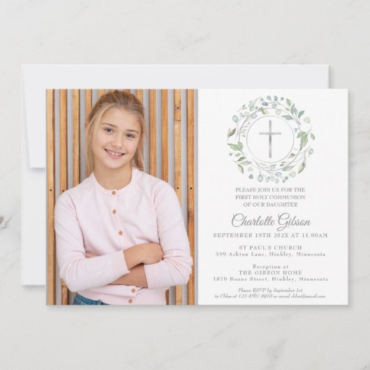 Invitation Première Sainte Communion Verdure Croix d'argent P (Devant)