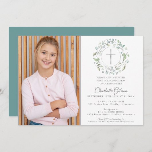 Invitation Première Sainte Communion Verdure Croix d'argent P (Devant / Derrière)