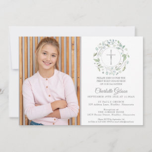 Invitation Première Sainte Communion Vert feuillage Croix Arg