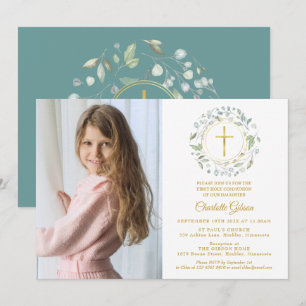 Invitation Première Sainte Communion Vert feuillage Croix d'o