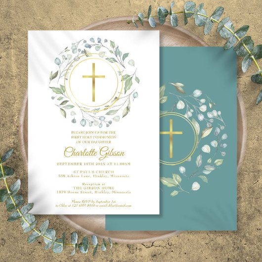 Invitation Première Sainte Communion Vert feuillage Croix Or