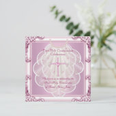 Invitation Première Sainte Communion Voile rose Croix rose (Debout devant)