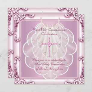 Invitation Première Sainte Communion Voile rose Croix rose