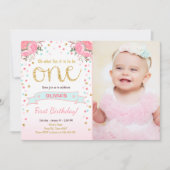 Invitation Premiers roses floraux d'or de rose de fille (Devant)