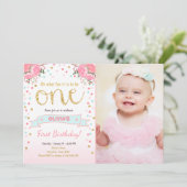 Invitation Premiers roses floraux d'or de rose de fille (Debout devant)