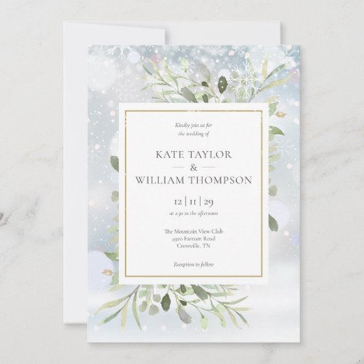 Invitation Premiers Snowflakes Verdure Mariage d'hiver (Devant)