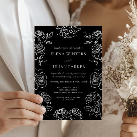 Invitation Premium Black And White French Roses Wedding
