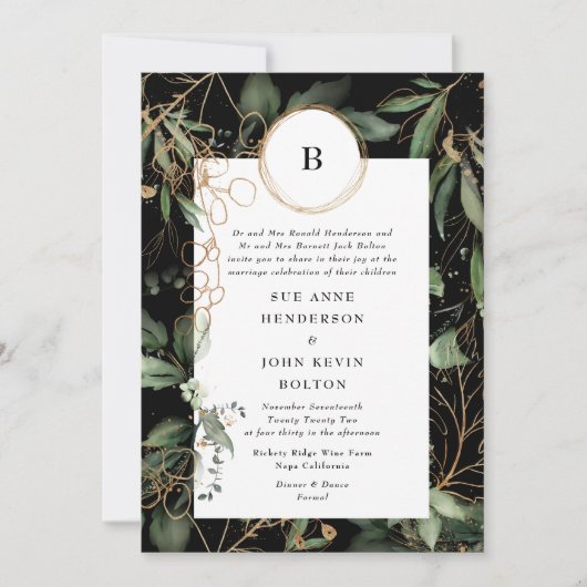 Invitation Premium Black Gold Monogramme Botanique Eucalyptus (Devant)