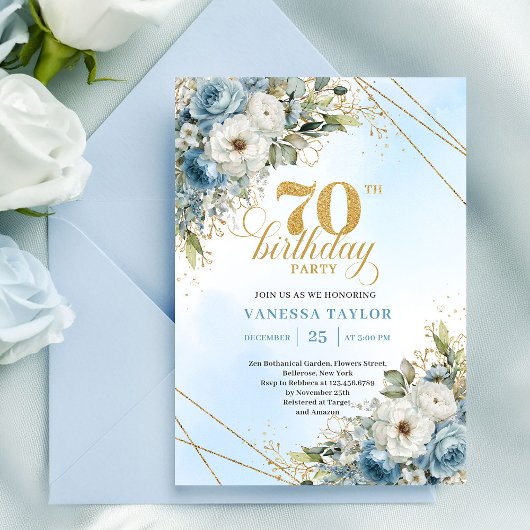 Invitation Premium dusty blue florals gold frame 70 birthday