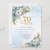 Invitation Premium dusty blue florals gold frame 70 birthday (Devant)