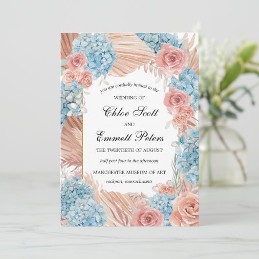 Invitation Premium Dusty Rose Blue Hydrangea Mariage (Debout devant)