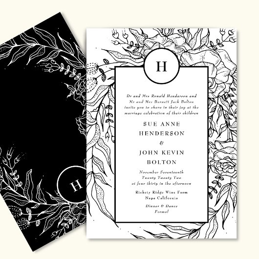 Invitation Premium Elegant Monogramme blanc Wreath noir