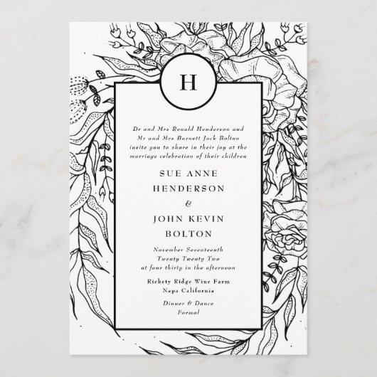 Invitation Premium Elegant Monogramme blanc Wreath noir (Devant)