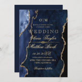 Invitation Premium Moderne Moody Mariage bleu et or (Devant / Derrière)