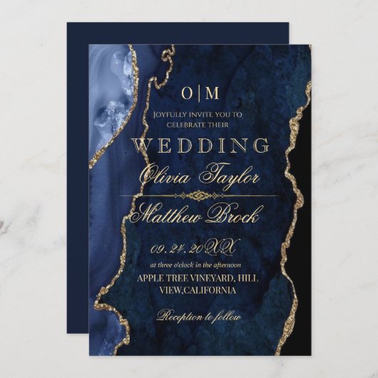 Invitation Premium Moderne Moody Mariage bleu et or (Devant / Derrière)