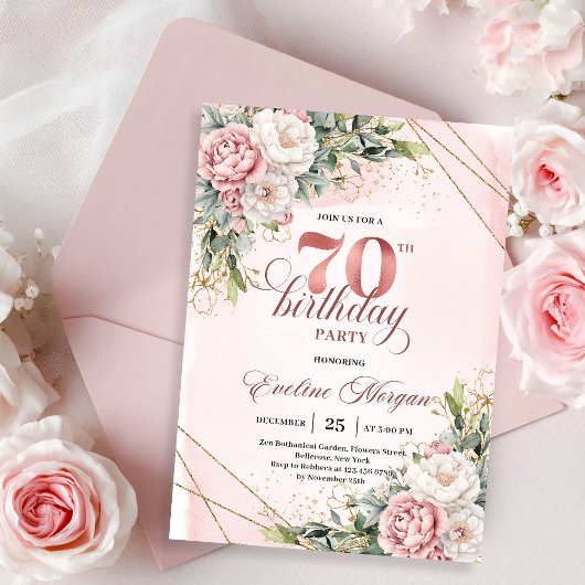 Invitation Premium Rose Gold Boho Floral 70th Birthday Invite