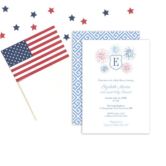 Invitation Preppy 4 Juillet Monogram Boy Baby shower Party