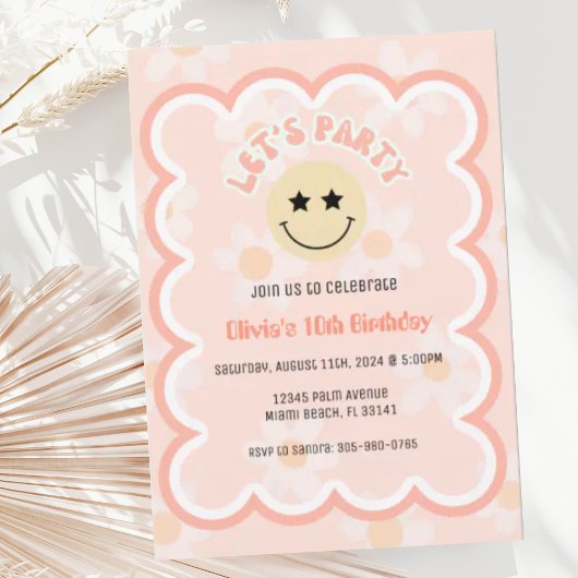 Invitation Preppy Beige Daisy Y2K Joyeux Fête du Visage Anniv