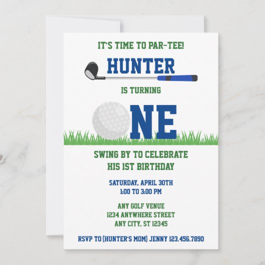 Invitation Preppy Blue et Green Golf Par-Tee 1er anniversaire (Devant)