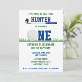 Invitation Preppy Blue et Green Golf Par-Tee 1er anniversaire (Debout devant)