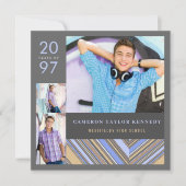 Invitation Preppy Blue Pin Stripes Photo Graduation Party (Devant)