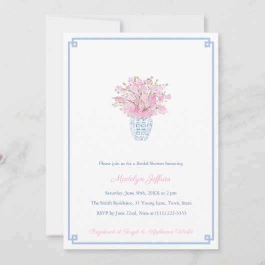 Invitation Preppy Blue & Pink Ginger Jar Fête des mariées Par (Devant)