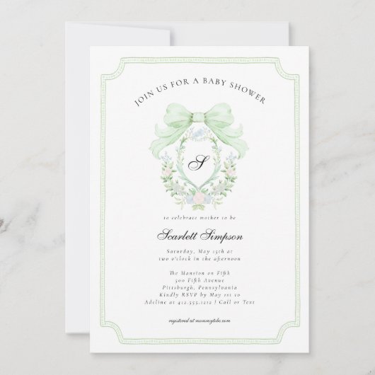 Invitation Preppy Botanical Green Bow Monogram Baby Shower (Devant)